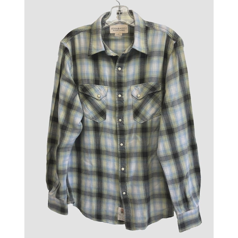 Denim Supply Ralph Lauren Pearl Snap Western Mens M Faded Plaid Cotton Shirt